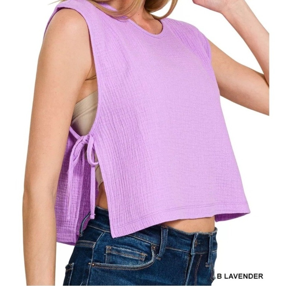 Zenana Double Gauze‎ Side Tie Sleeveless Top brushed Lavender Boho Boxy Tank Lg